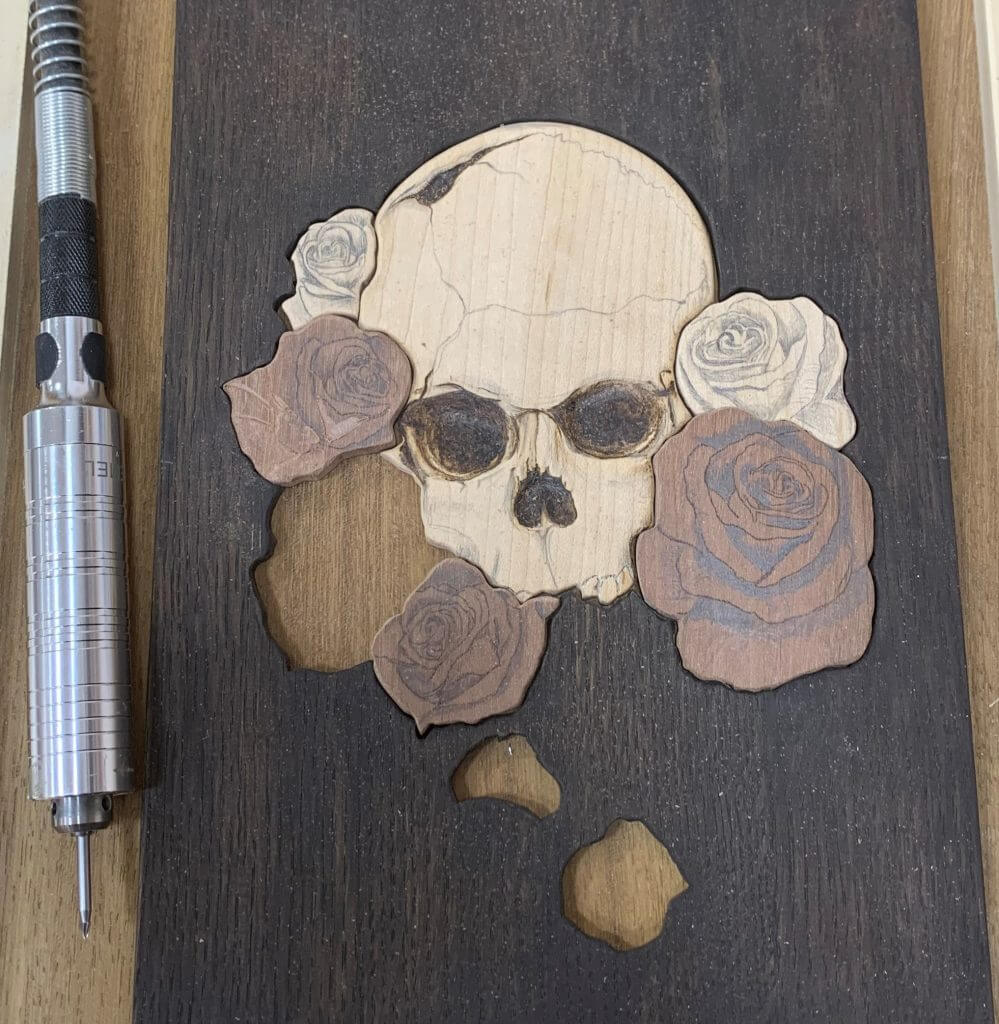 Unique skull and good rose pyrography wood burning picture plaque.