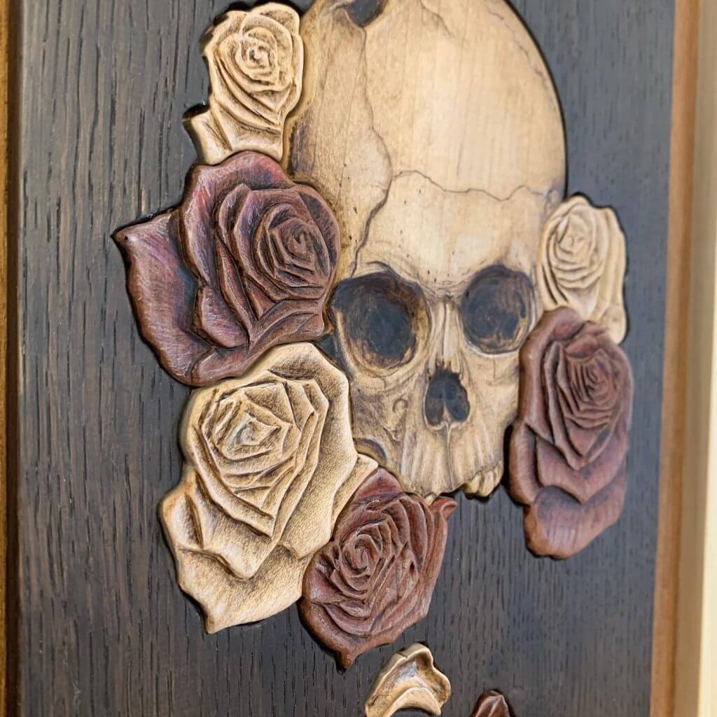 Unique skull and good rose pyrography wood burning picture plaque.